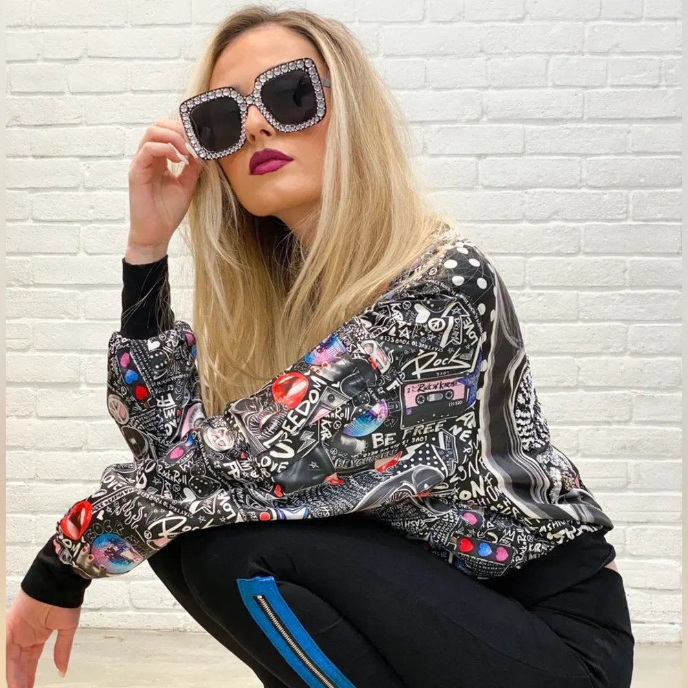 ROCK N KARMA “I Love Retro” Hand-Beaded Zip Bomber Jacket (M, BNWT) Couture - Picture 5 of 6